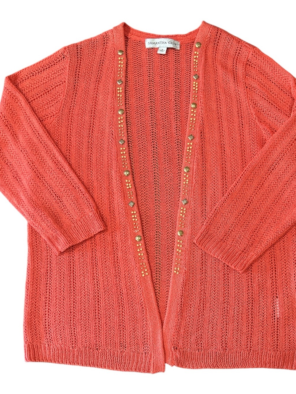 Samantha Grey Coral Open-Front Studded Knit Cardigan Sz M - Picture 2 of 7